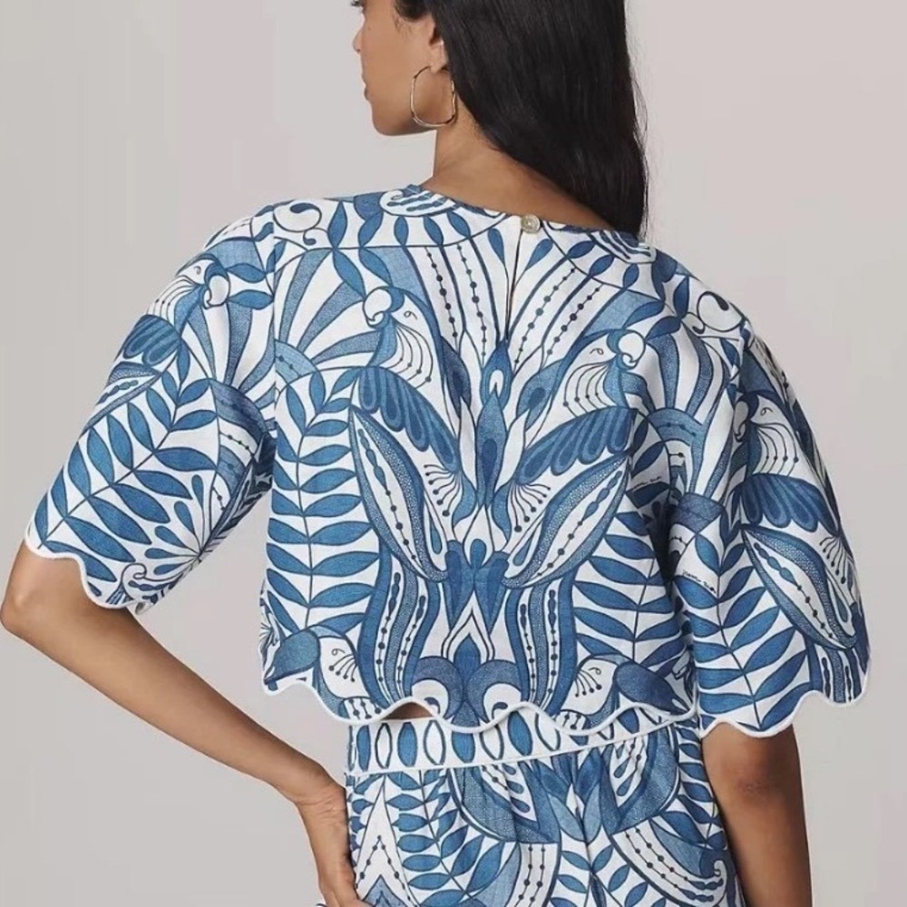 Farm Rio Lace Nature Blouse Blue Scalloped Linen Crop Top S NWT - Picture 16 of 16